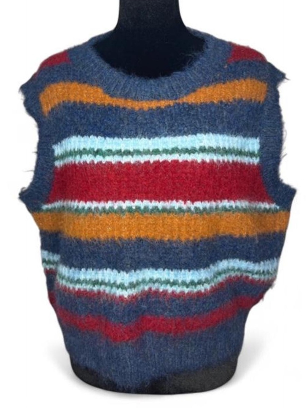 Striped Fuzzy Knit Sleeveless Sweater Vest - Navy Multicolor